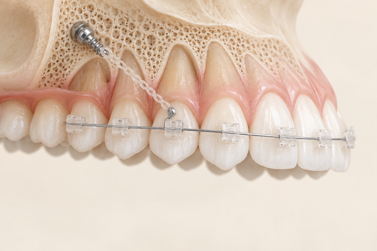 Imagem odontológica sobre implante ortodôntico (mini-parafuso de ancoragem)