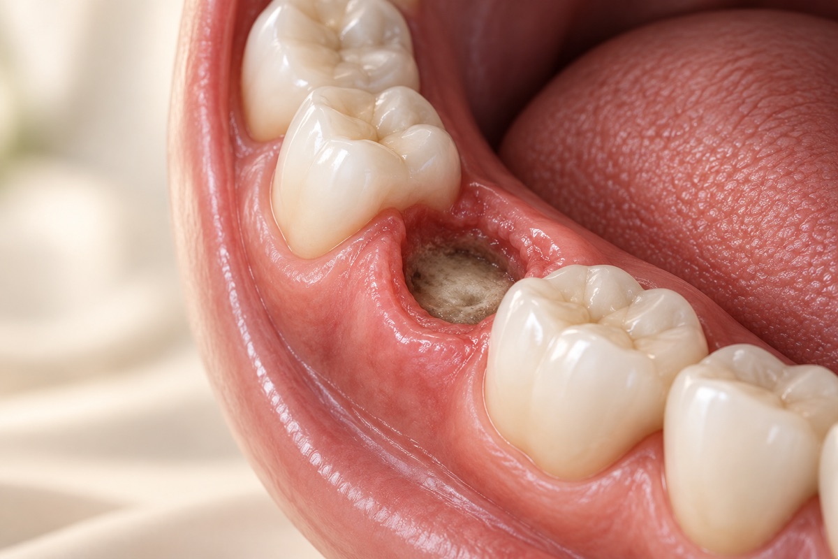 Imagem odontológica sobre alveolite depois da extração de siso