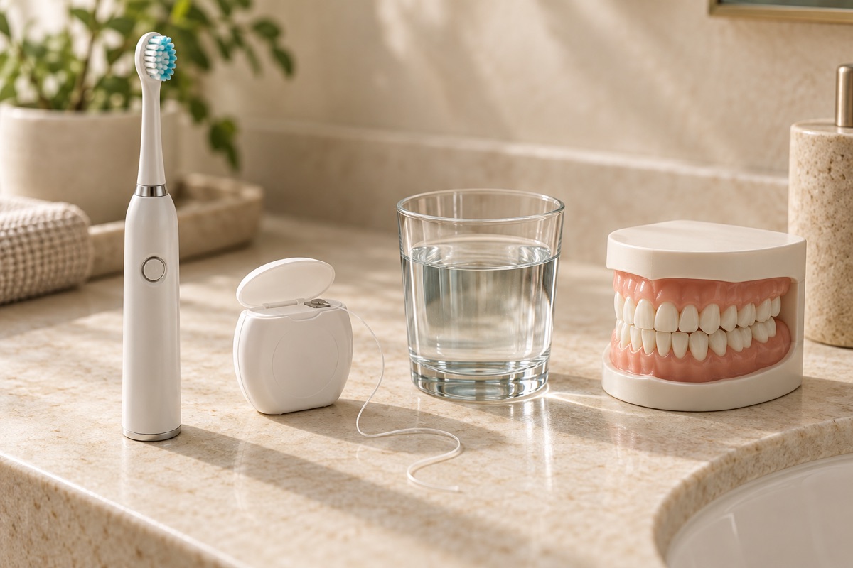 Imagem odontológica sobre escova elétrica, fio dental e enxaguante: o que a evidência mostra