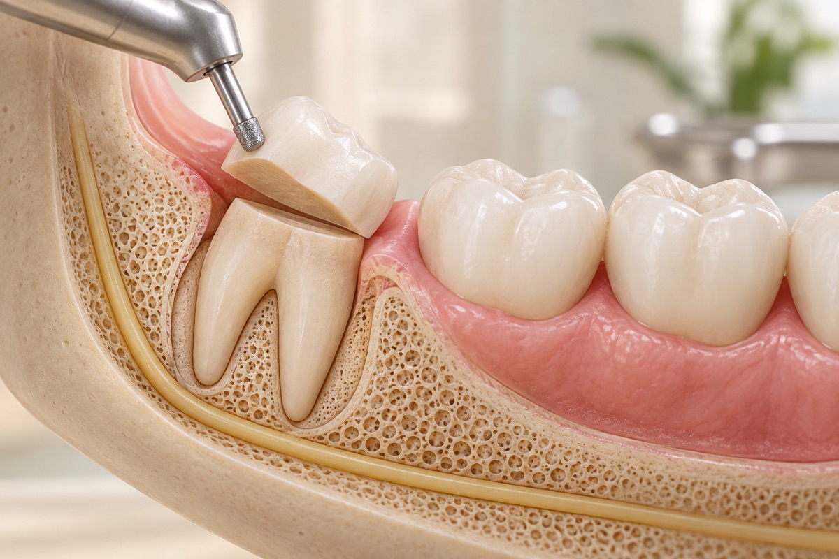 Imagem odontológica sobre coronectomia do siso: quando se considera manter as raízes