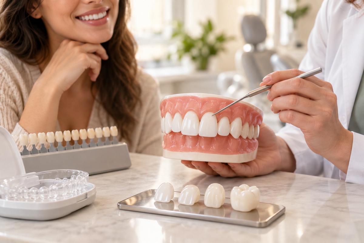 Imagem odontológica sobre clareamento com resina, facetas e coroas: como planejar
