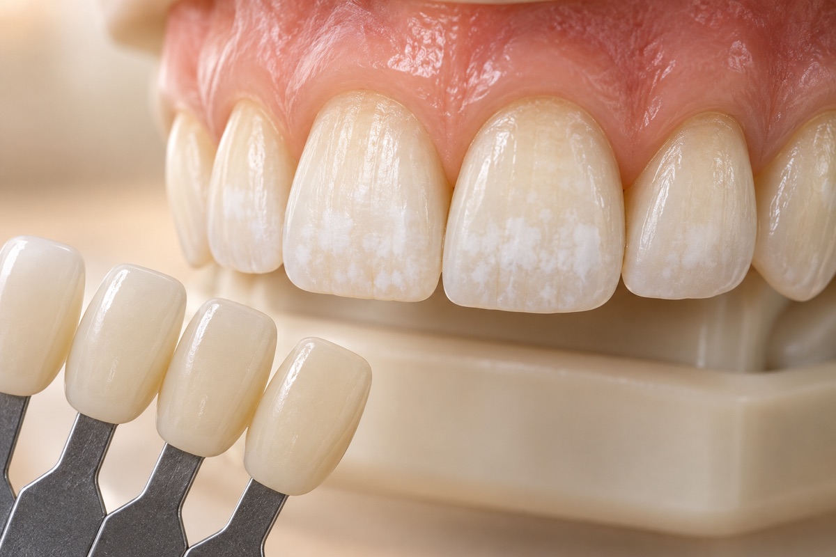 Imagem odontológica sobre manchas brancas e fluorose: clareamento resolve?