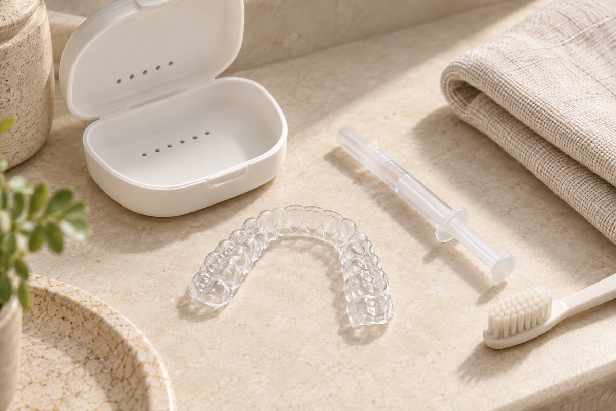 Imagem odontológica sobre moldeira e gel clareador: uso, higiene e conservação