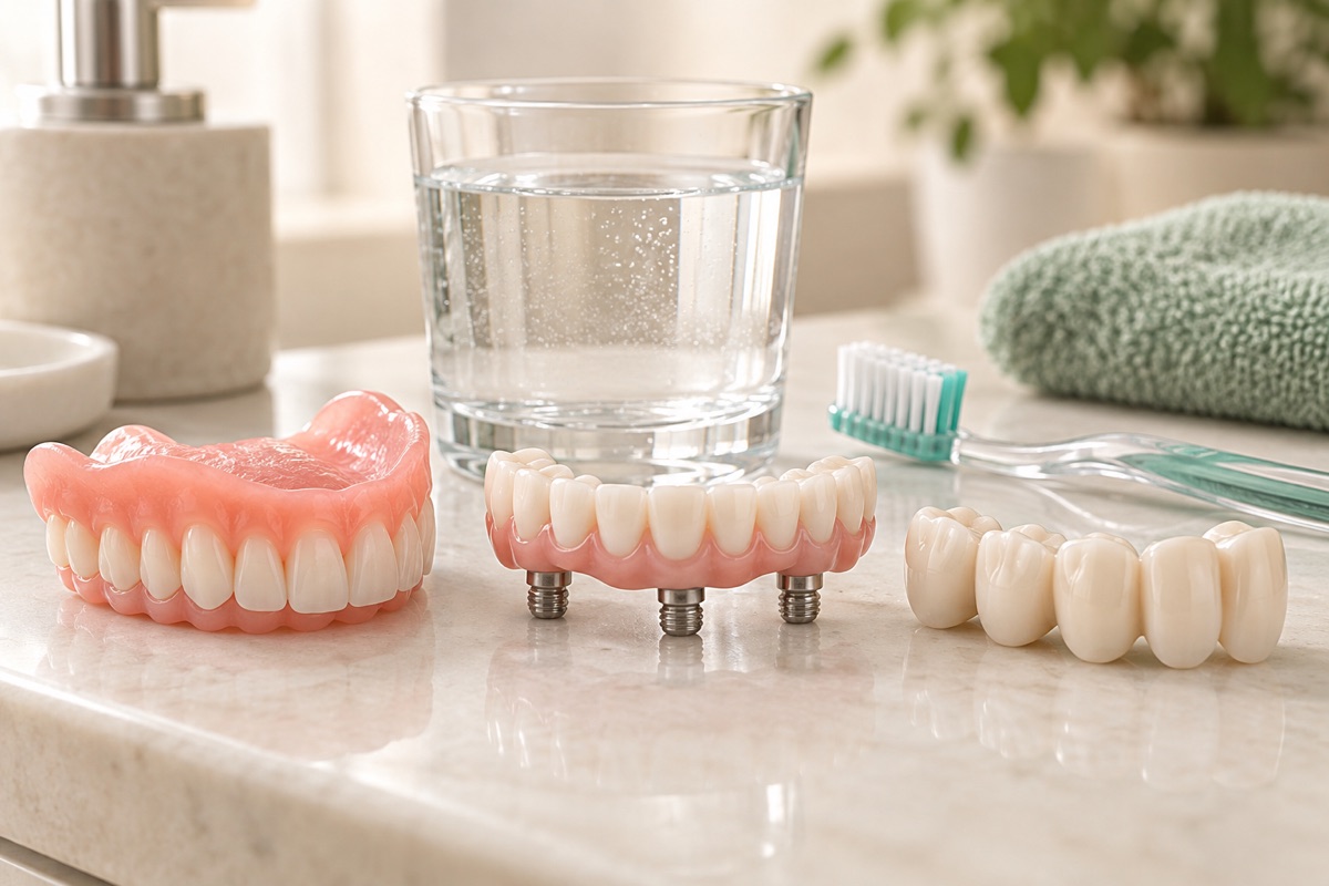 Imagem odontológica sobre como higienizar prótese dentária: fixa, removível e sobre implantes