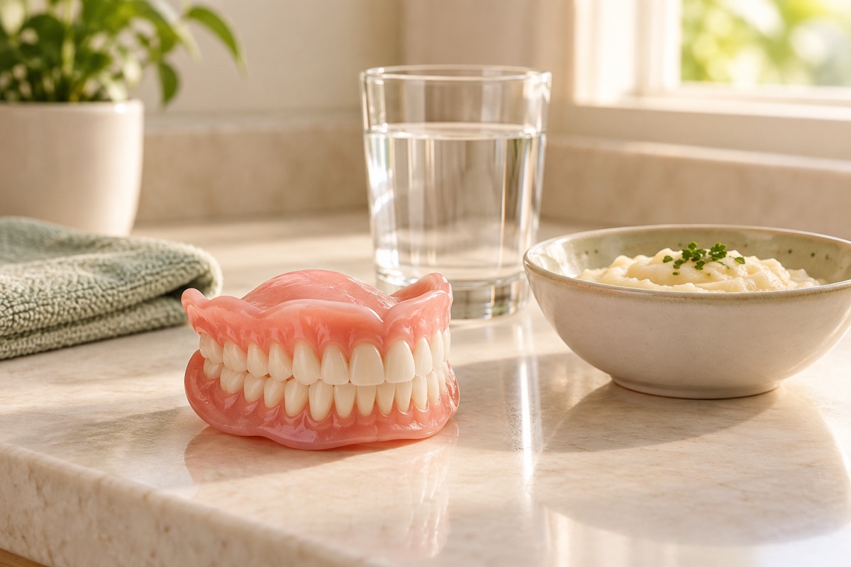 Imagem odontológica sobre adaptação à prótese: fala, mastigação e primeiros dias
