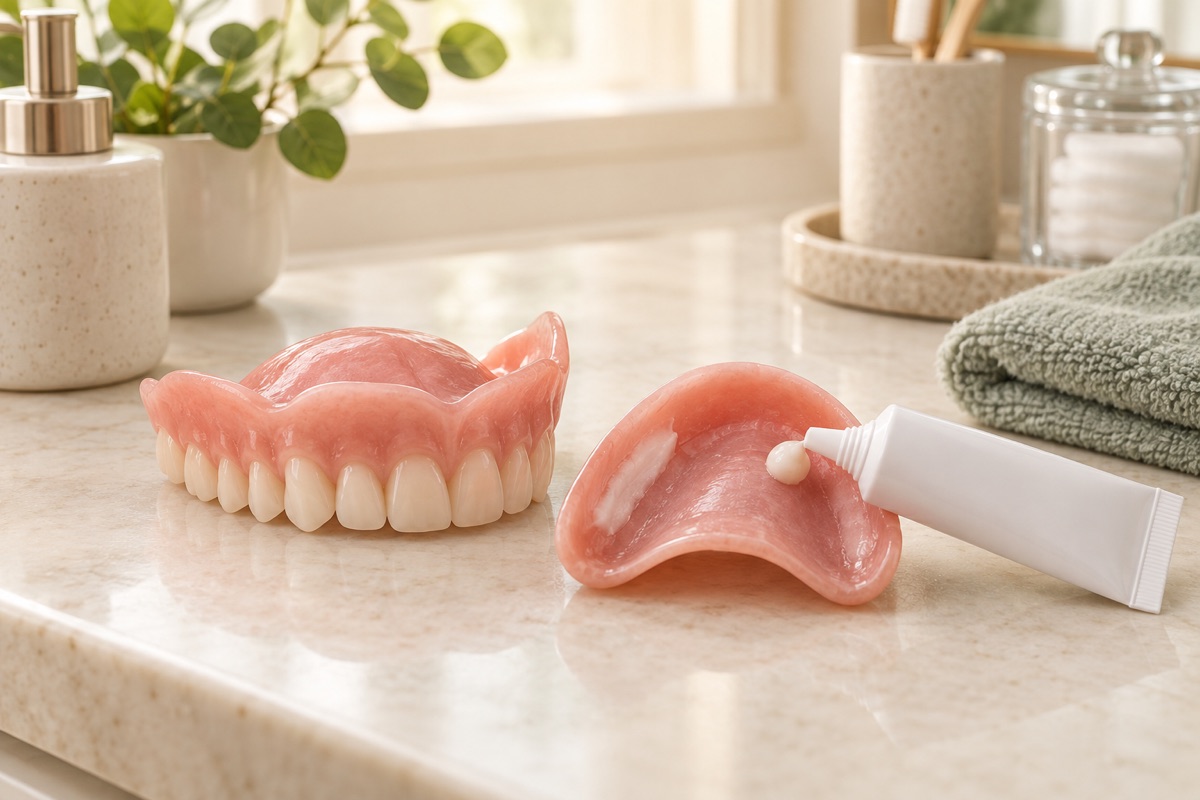 Imagem odontológica sobre adesivo para dentadura: quando ajuda e como usar com cuidado