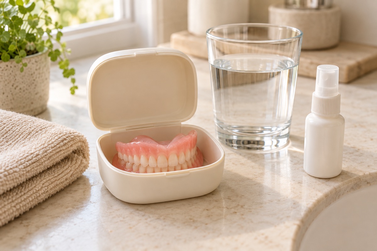 Imagem odontológica sobre prótese dentária e boca seca: conforto, retenção e cuidados