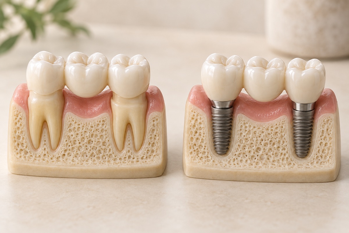 Imagem odontológica sobre prótese fixa: opções sobre dentes e sobre implantes