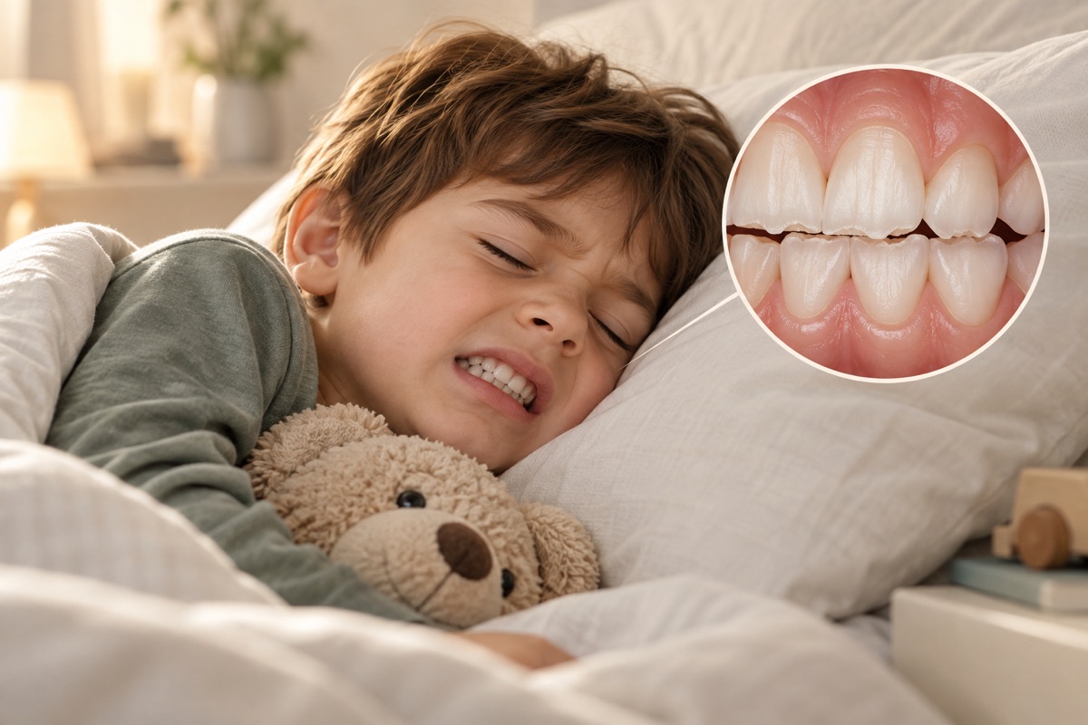 Imagem odontológica sobre bruxismo infantil: criança rangendo os dentes