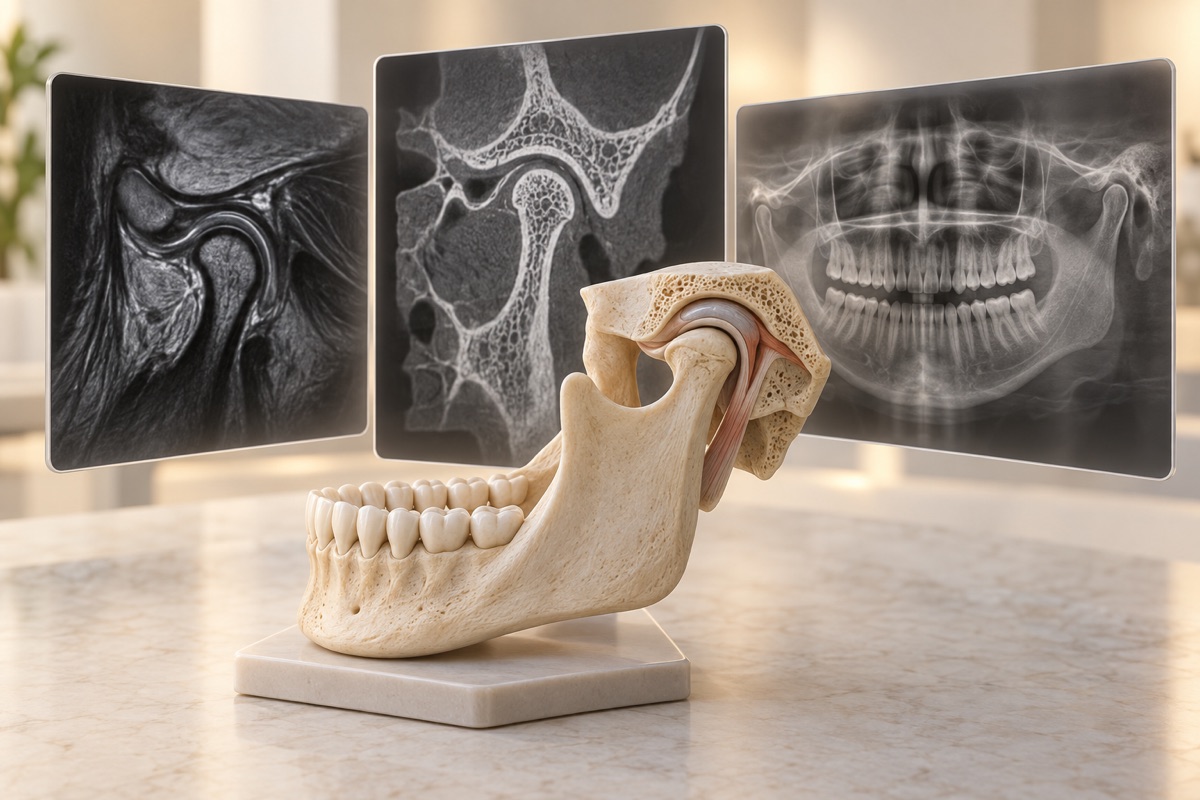 Imagem odontológica sobre exames da atm: ressonância, tomografia e radiografias