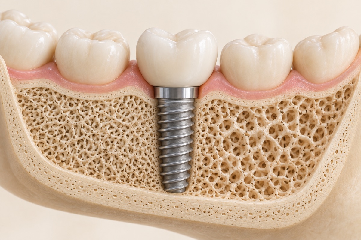Imagem odontológica sobre implante dentário e osteoporose