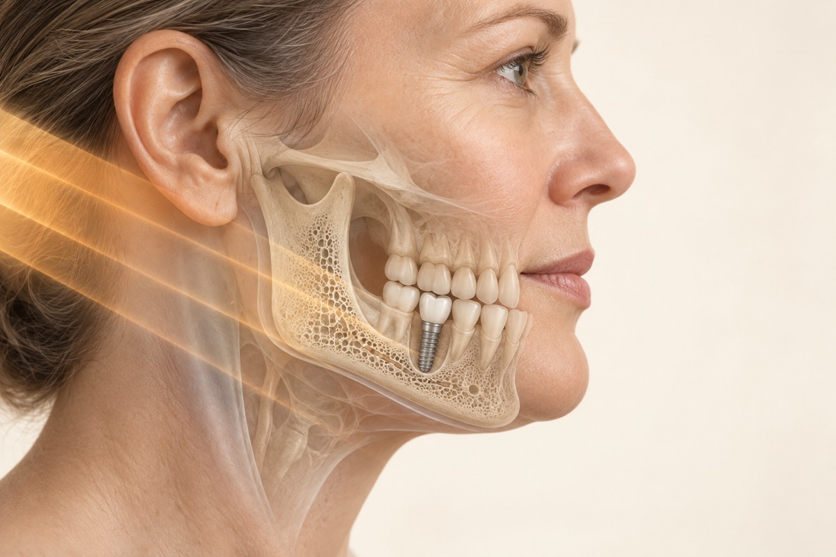 Imagem odontológica sobre implante após radioterapia de cabeça e pescoço
