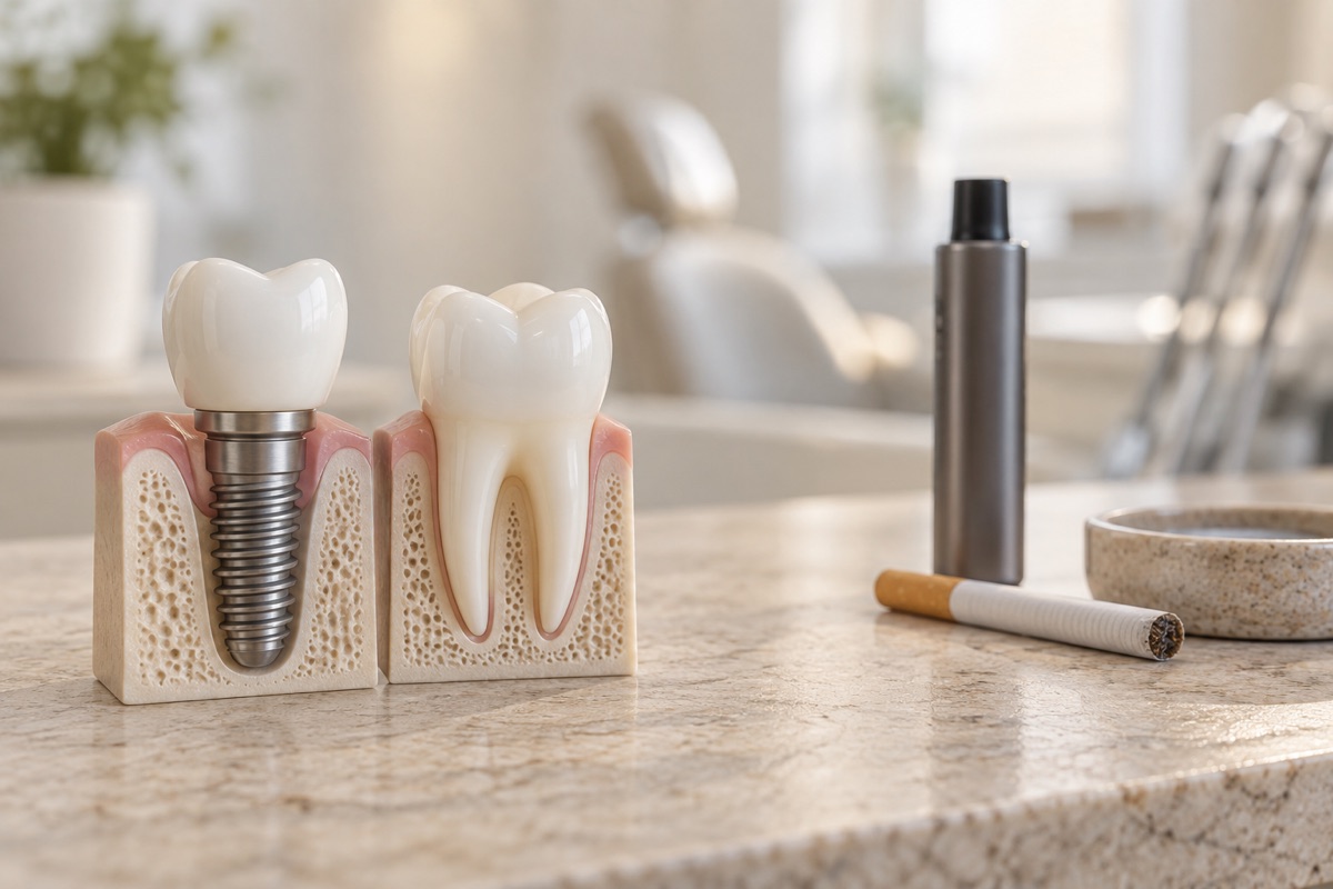 Imagem odontológica sobre implantes, cigarro, vape e tabagismo