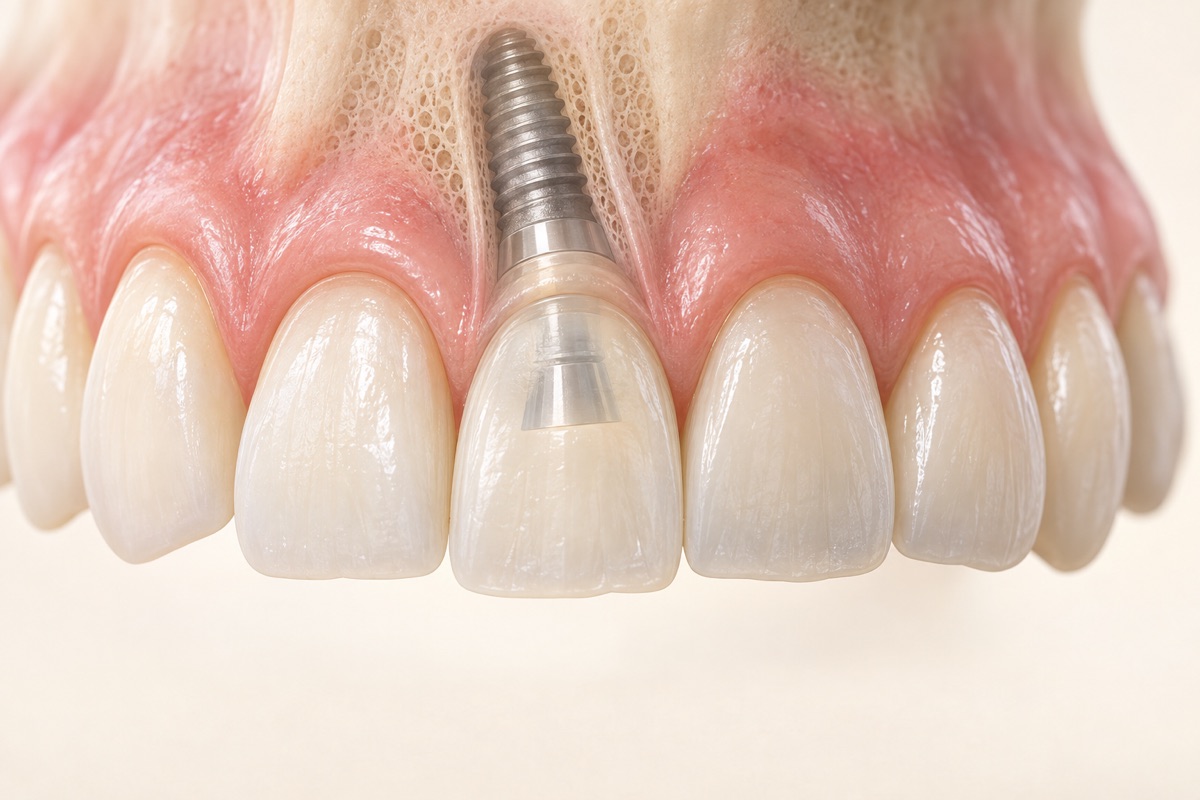 Imagem odontológica sobre implante no dente da frente