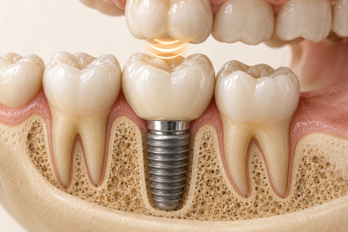 Imagem odontológica sobre implante nos dentes do fundo e molares