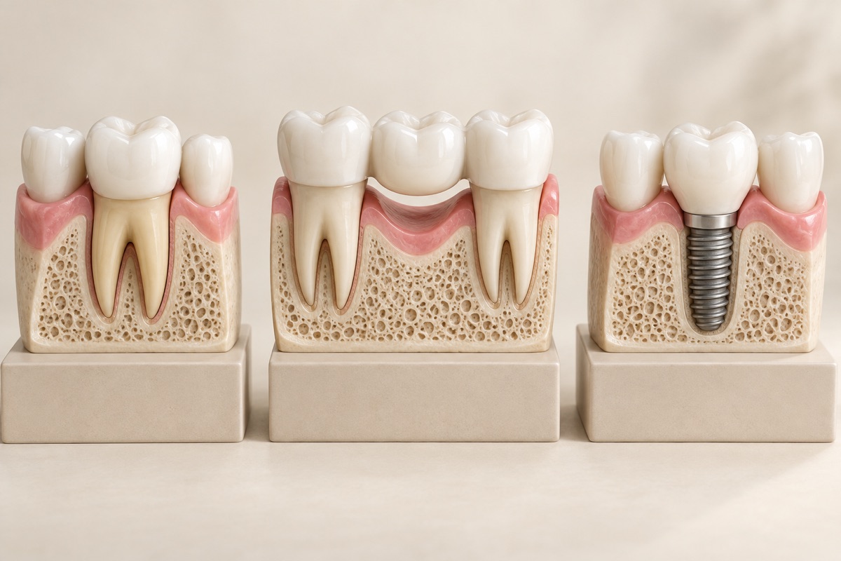 Imagem odontológica sobre salvar o dente, fazer ponte ou colocar implante?