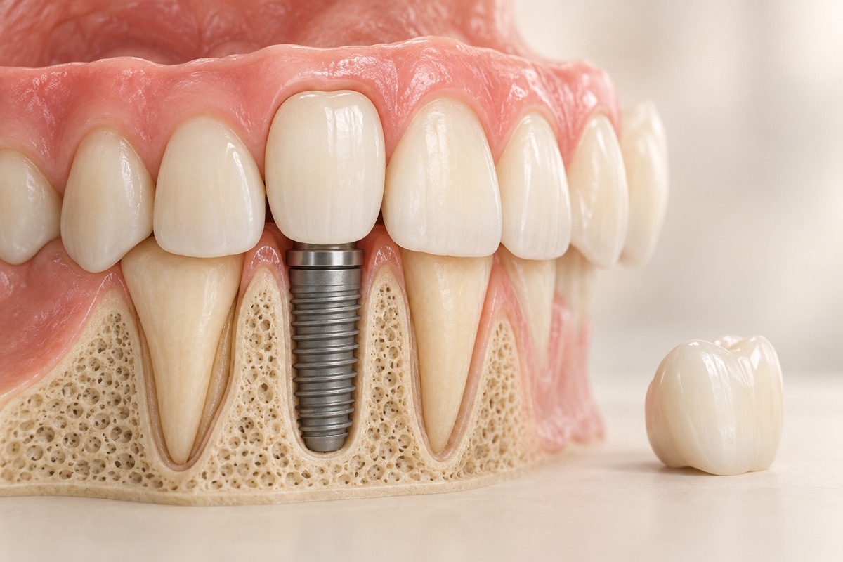 Imagem odontológica sobre dente provisório durante o implante