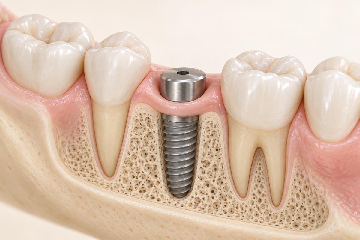 Imagem odontológica sobre pós-operatório do implante dentário