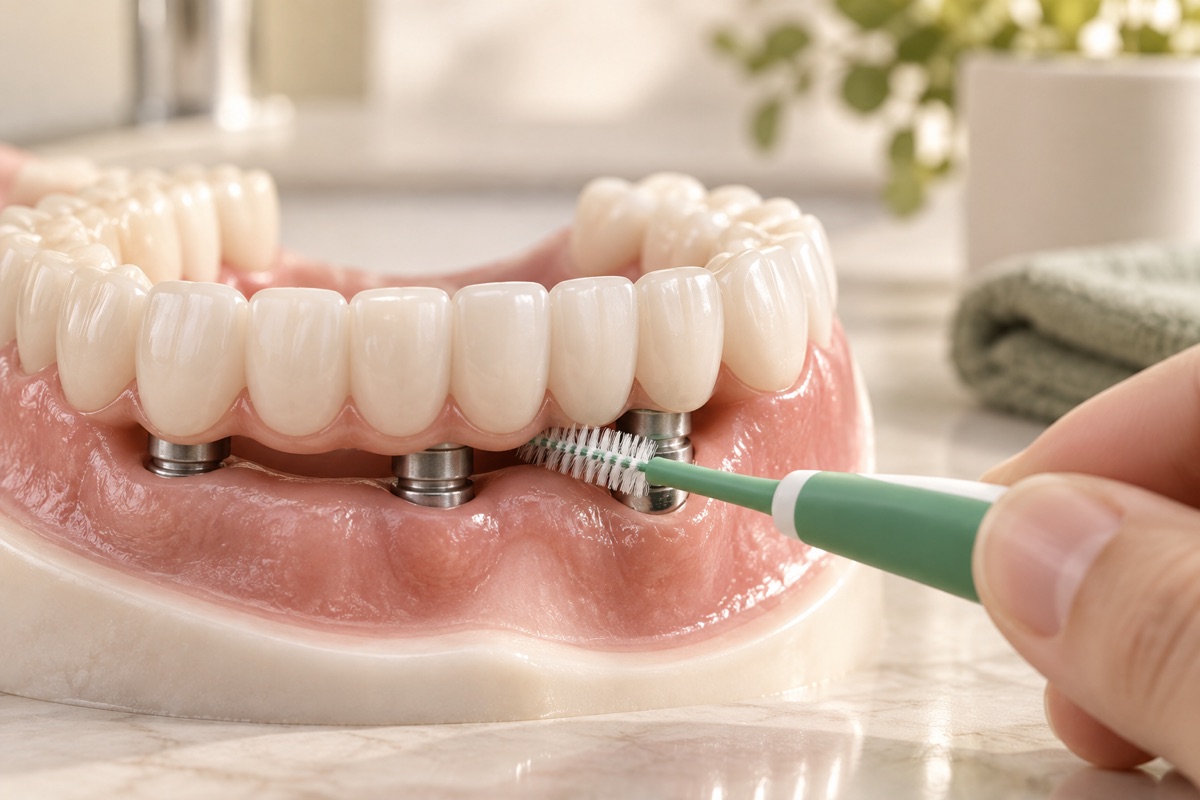 Imagem odontológica sobre como limpar implantes e protocolo