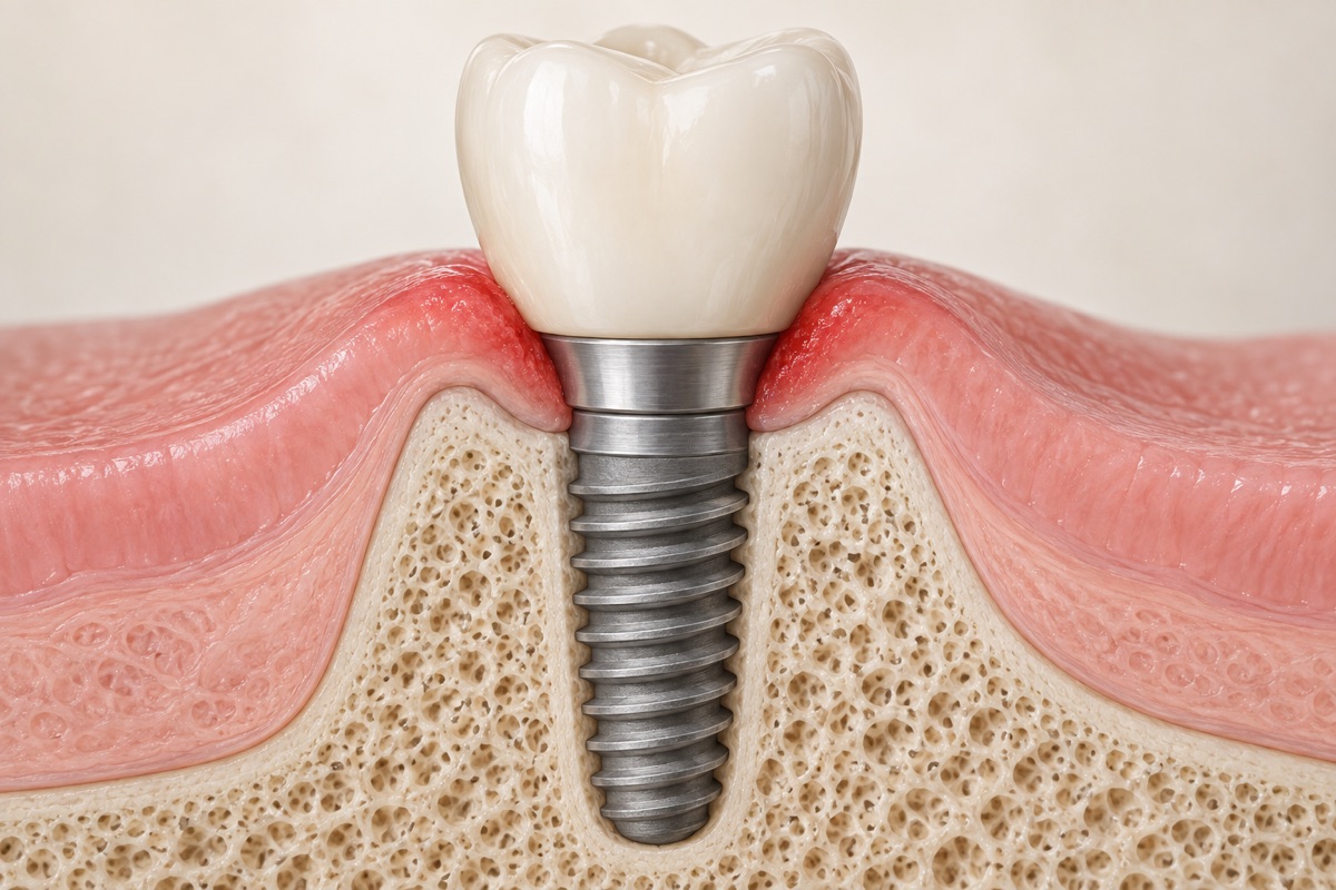 Imagem odontológica sobre mucosite: gengiva sangrando no implante