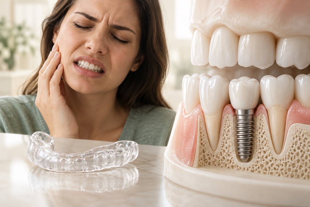 Imagem odontológica sobre bruxismo e implantes dentários