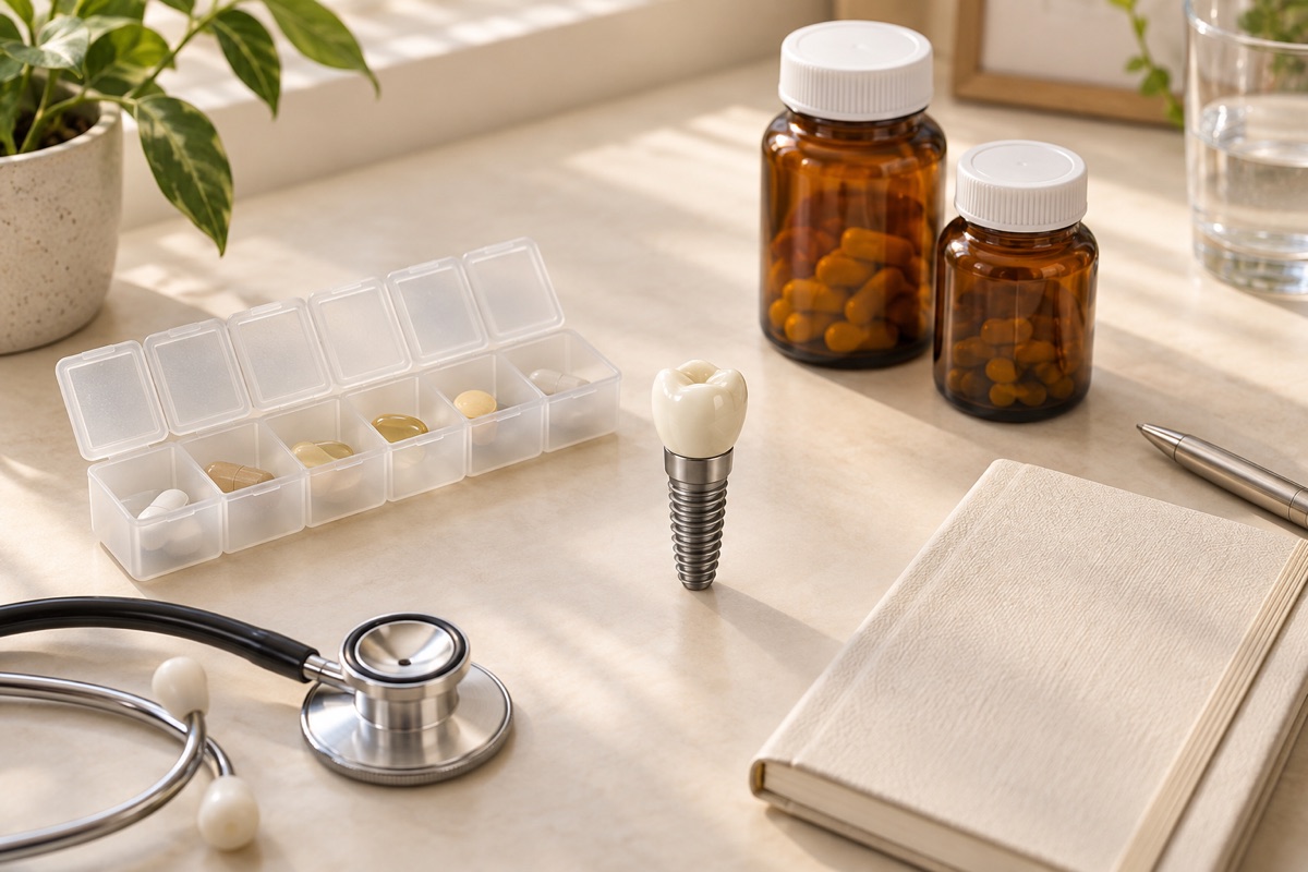 Imagem odontológica sobre implantes, saúde geral e medicamentos