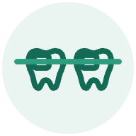 Ícone de aparelho ortodôntico: dois dentes com braquetes ligados por um fio ortodôntico