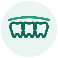 Ícone de prótese dentária: três dentes unidos, representando uma ponte de prótese dentária
