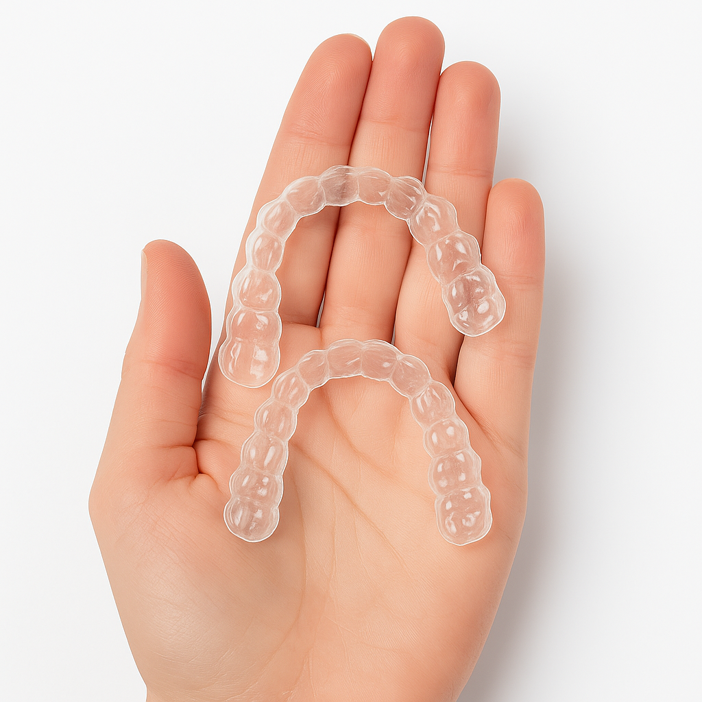 Alinhadores Invisalign transparentes na palma da mão – Porto Alegre
