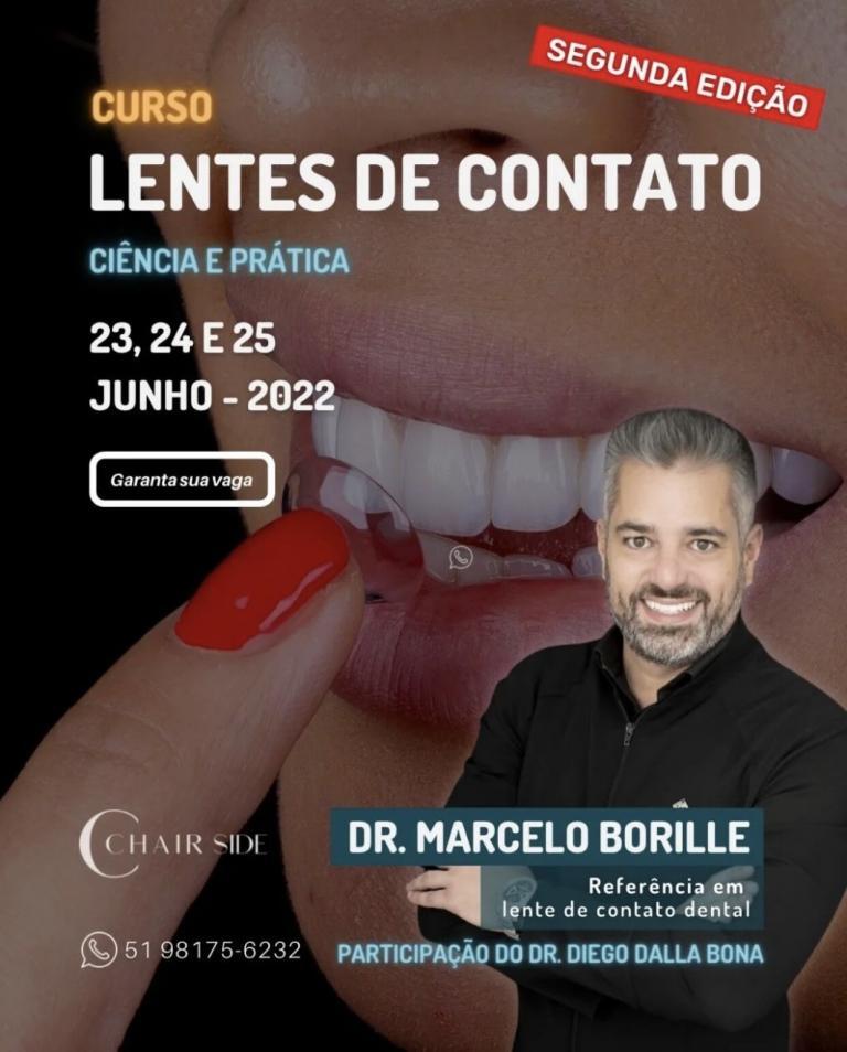 Cartaz do curso Lentes de Contato (2ª edição), Ciência e Prática, 23 a 25 de junho de 2022, com Dr. Marcelo Borille referência em lente de contato dental.