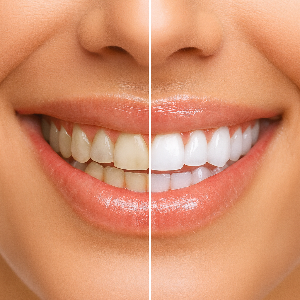 Antes e depois de clareamento dental profissional em Porto Alegre.