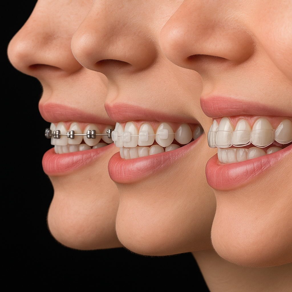 Comparação ortodôntica – aparelho metálico, estético de porcelana e alinhador Invisalign em Porto Alegre