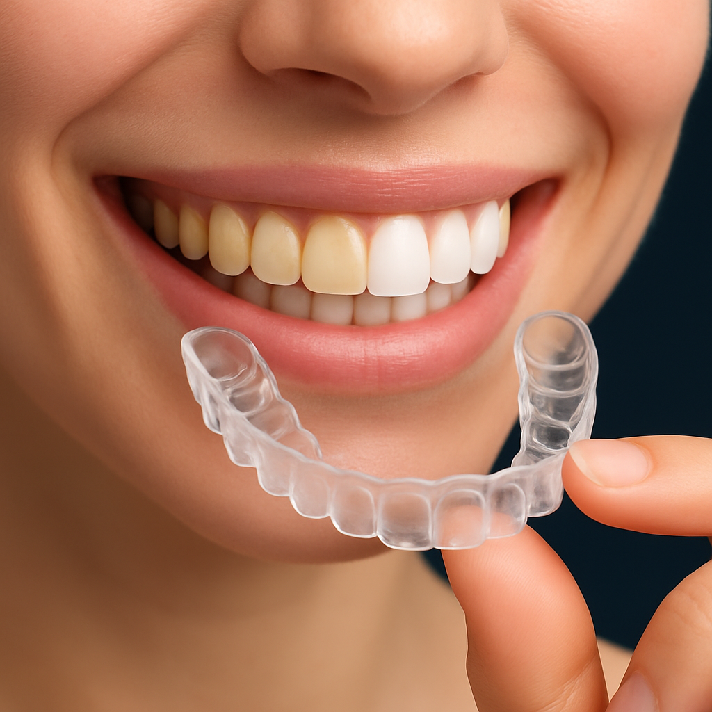 Antes e depois do clareamento dental caseiro em Porto Alegre com evidência de tons mais claros.