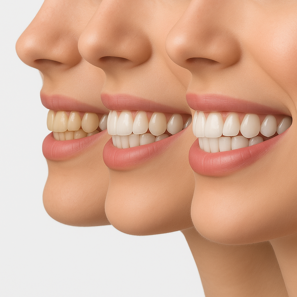 Sorrisos antes durante e depois do clareamento dental em Porto Alegre.