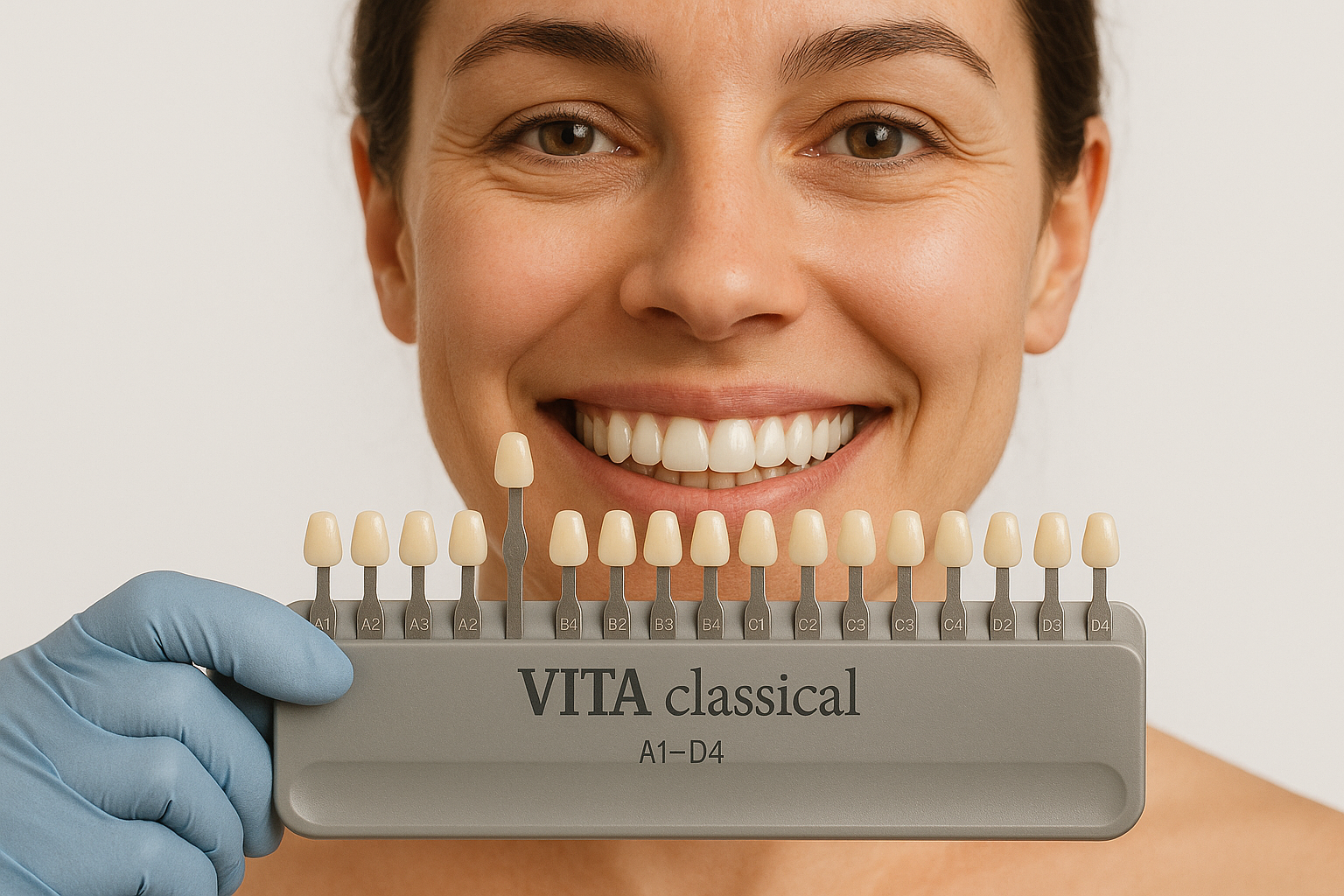 Escala de cores usada para comparar tons antes e depois do clareamento dental na Clínica Sorridere em Porto Alegre.