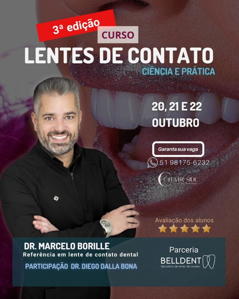 Cartaz do curso Lentes de Contato (3ª edição), Ciência e Prática, 20 a 22 de outubro, com Dr. Marcelo Borille; participação do Dr. Diego Dalla Bona e parceria Belldent.