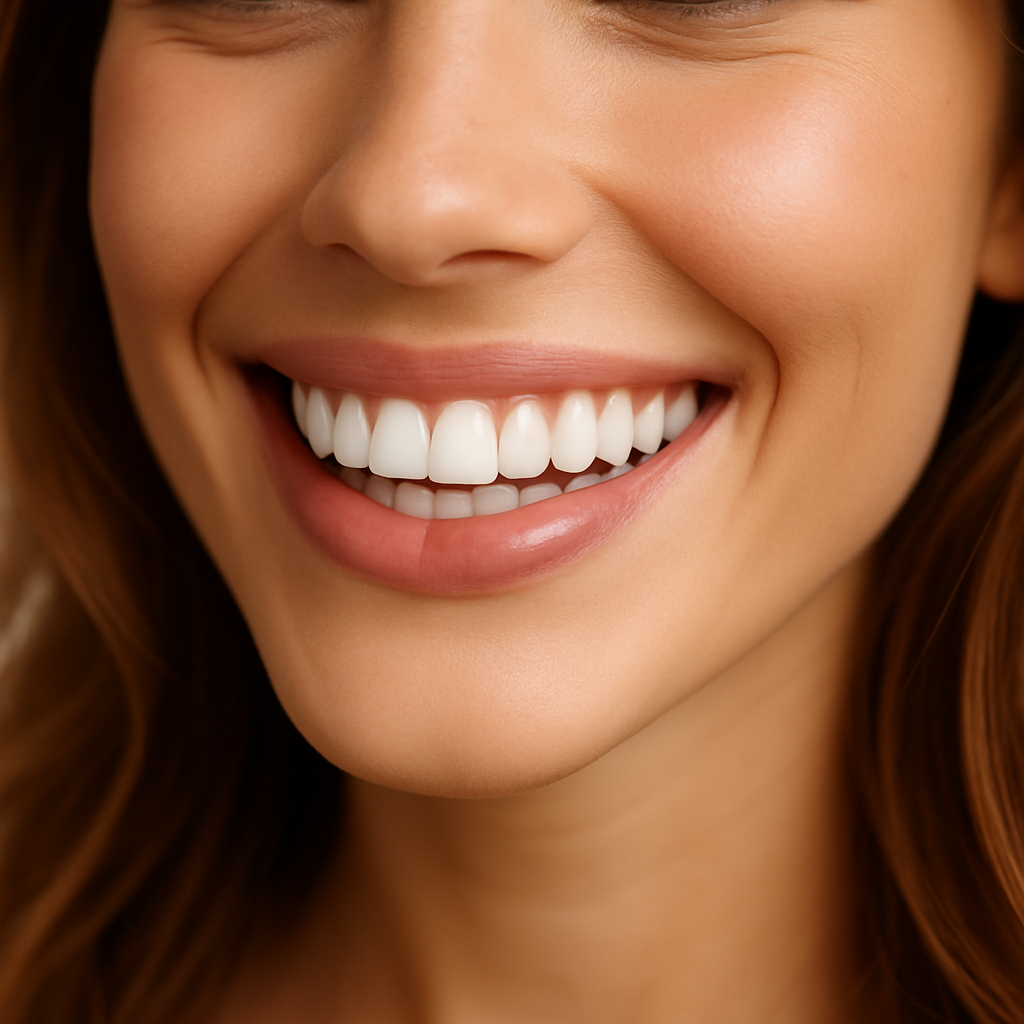 Sorriso branco e radiante após clareamento dental seguro em Porto Alegre.