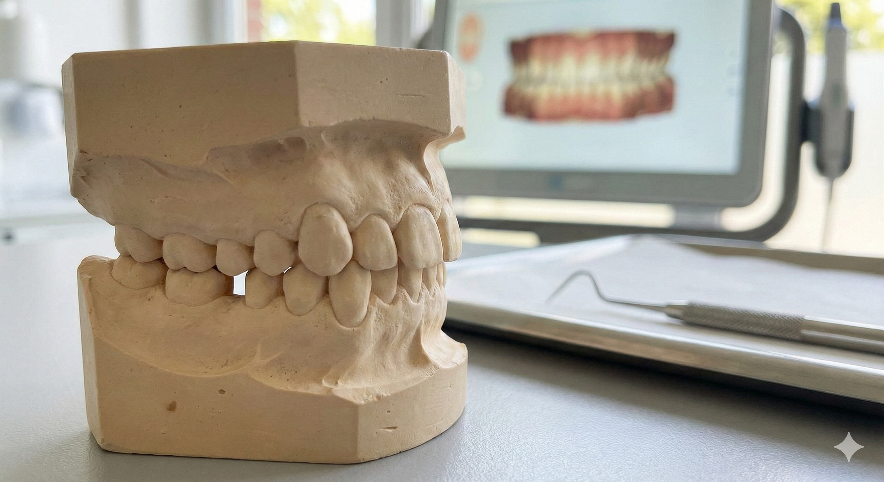 Close de dentes levemente desalinhados em fundo branco, ilustrando indicação de aparelho ortodôntico.