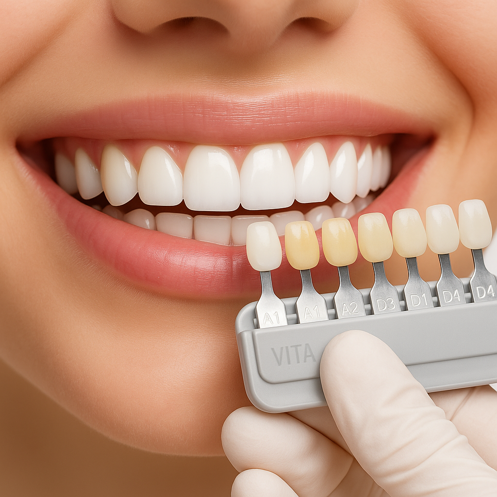 Escala de cor mostrando o antes e depois do clareamento dental caseiro em Porto Alegre.