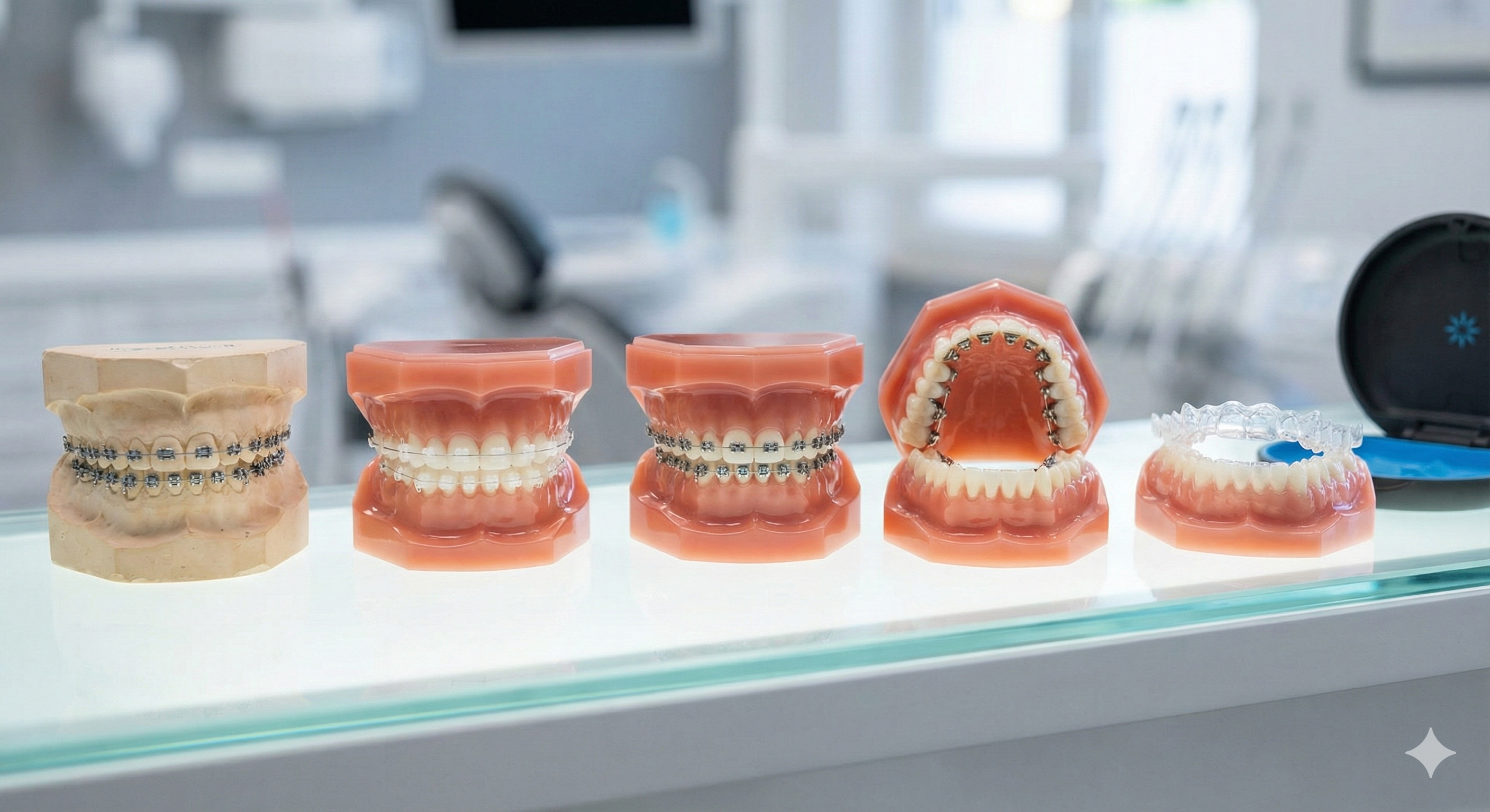 Modelos de dentes em bancada branca com diferentes tipos de aparelho ortodôntico e alinhadores.