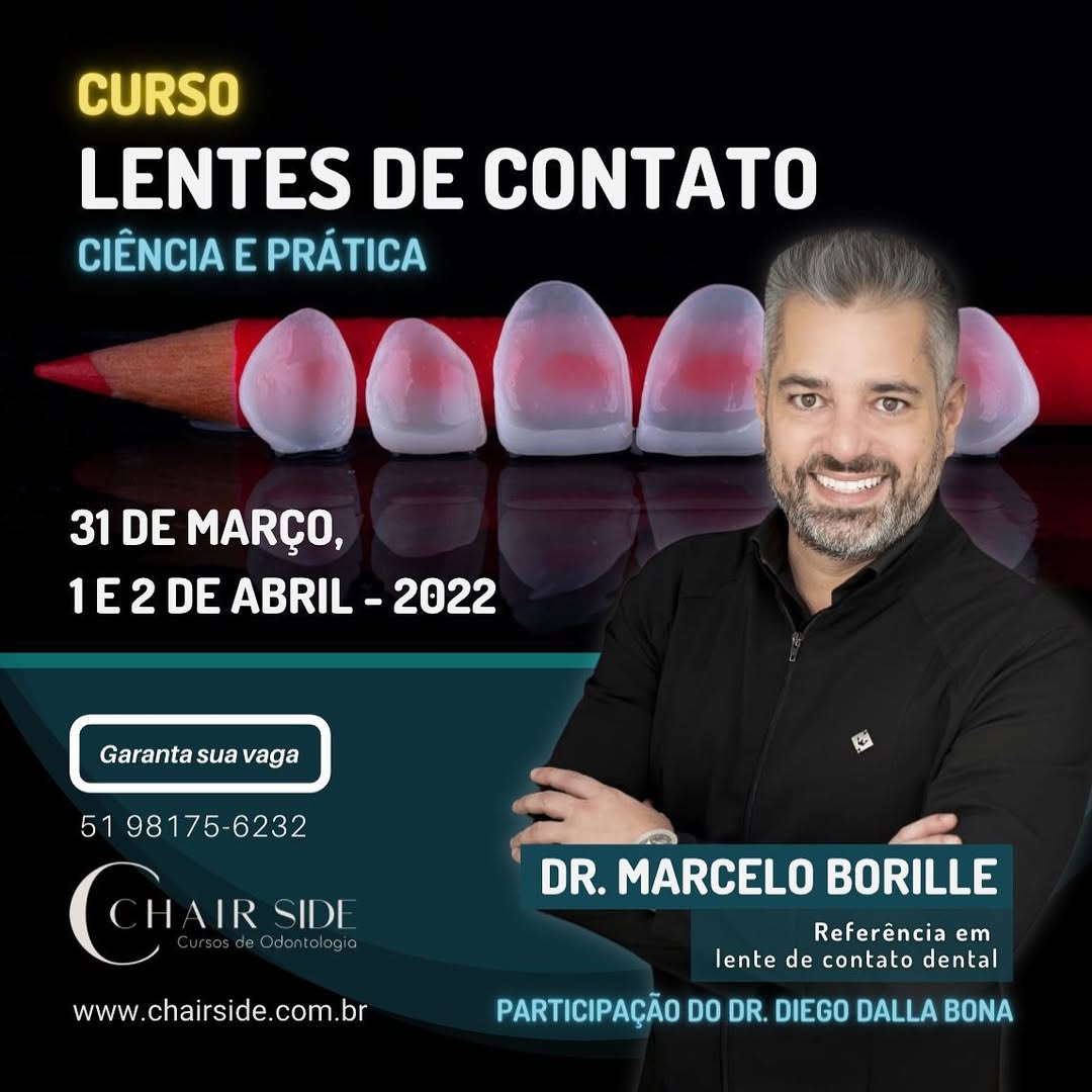 Cartaz do curso Lentes de Contato (5ª edição), Ciência e Prática, 30 e 31 de março e 1º de abril de 2023, com Dr. Marcelo Borille; parceria Belldent.