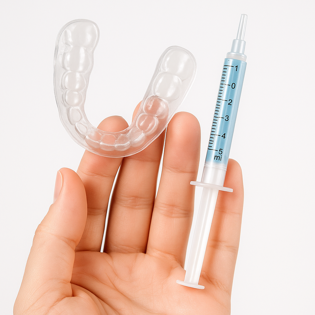 Seringa com gel e moldeira usados no clareamento dental caseiro em Porto Alegre, sob supervisão profissional.