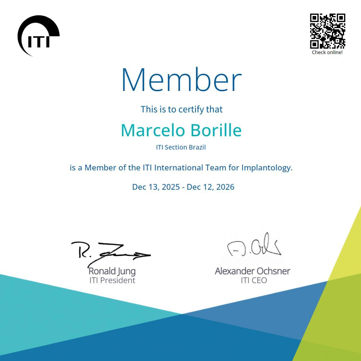 Certificado oficial de membro do ITI International Team for Implantology emitido para Marcelo Borille, ITI Section Brazil, válido de 13 de dezembro de 2025 a 12 de dezembro de 2026, com logotipo do ITI no topo e assinaturas de Ronald Jung (ITI President) e Alexander Ochsner (ITI CEO).