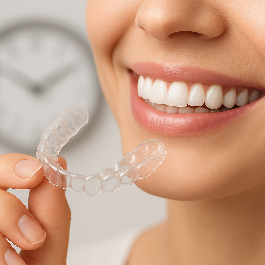 Posicionando a moldeira para clareamento dental caseiro em Porto Alegre.