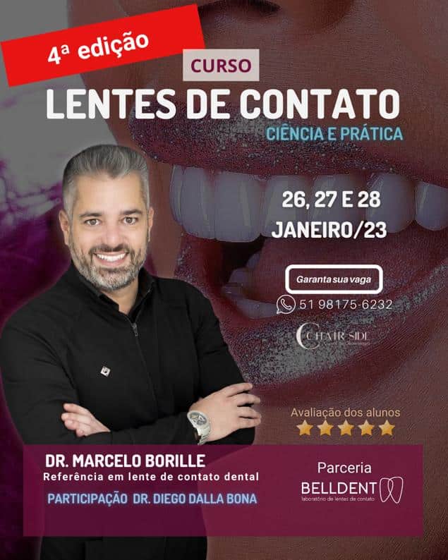 Cartaz do curso Lentes de Contato (4ª edição), Ciência e Prática, 26 a 28 de janeiro de 2023, com Dr. Marcelo Borille; texto do cartaz: ‘referência em lente de contato dental’.